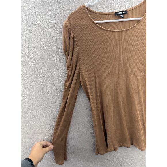 Express Womens Shirt Size XL Brown Ribbed LongSleeve Ruched Shoulder Lightweight - Picture 2 of 9